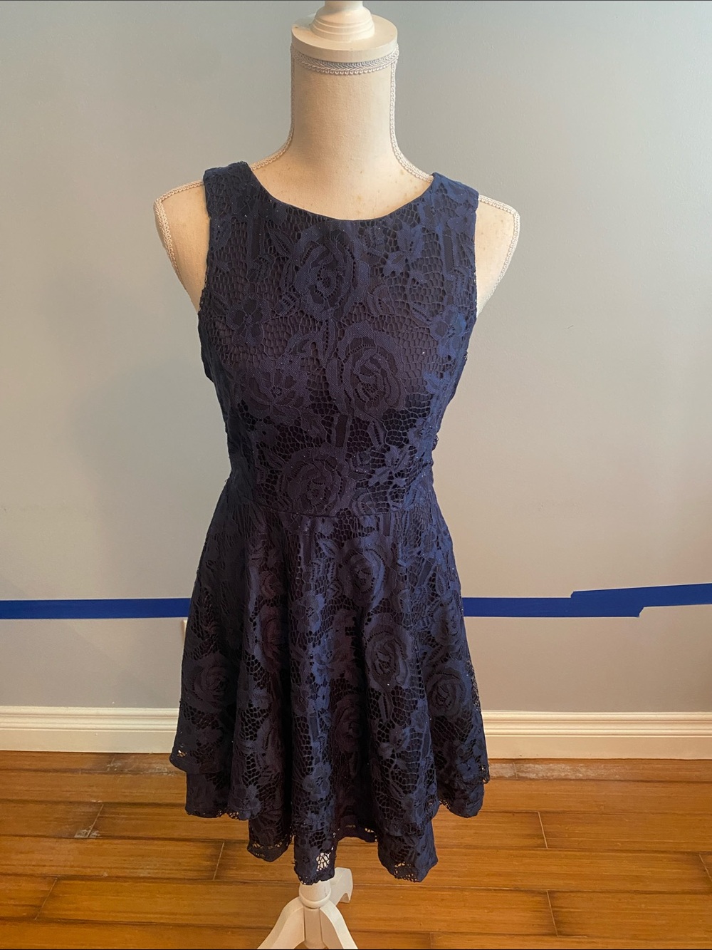 Speechless Navy Floral Lace Skater Mini Dress